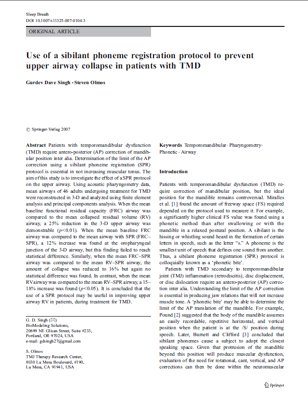 Use of a sibilant phoneme registration protocol to prevent upper airway collapse in patients with TMD